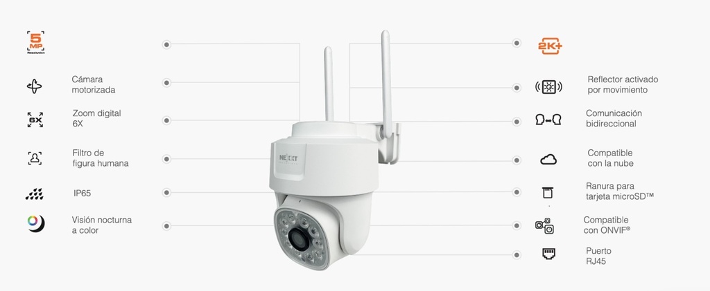 CAMARA INTELIGENTE WIFI O CABLE PTZ P/EXTERIOR IP65 5MP MIC Y BOCINA NHC-OP10 NEXXT