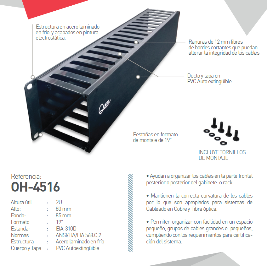 ORGANIZADOR HORIZONTAL PARA CABLE 85X80MM QUEST OH4516