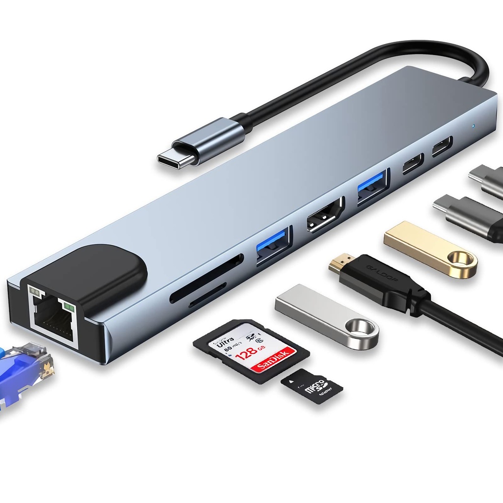 ADAPTADOR USB C DOCK 8 EN 1 HDMI ETHERNET UNNO