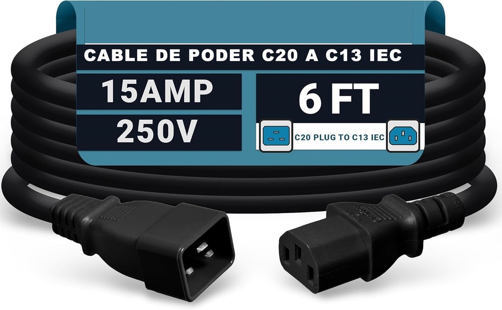 CABLE DE PODER C13 A C20 14AWG 125V 15A 6 PIES