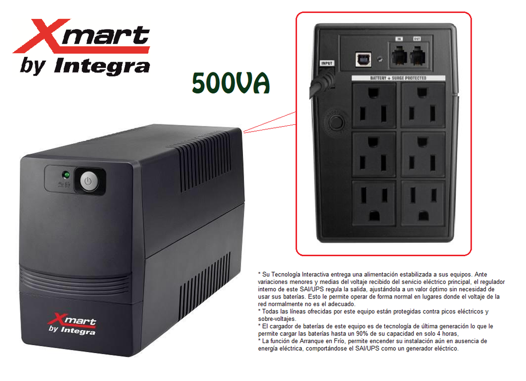 UPS INTERACTIVO SUPRA 500VA-250W 6 TOMAS NEMA 120V TIPO TORRE XMART