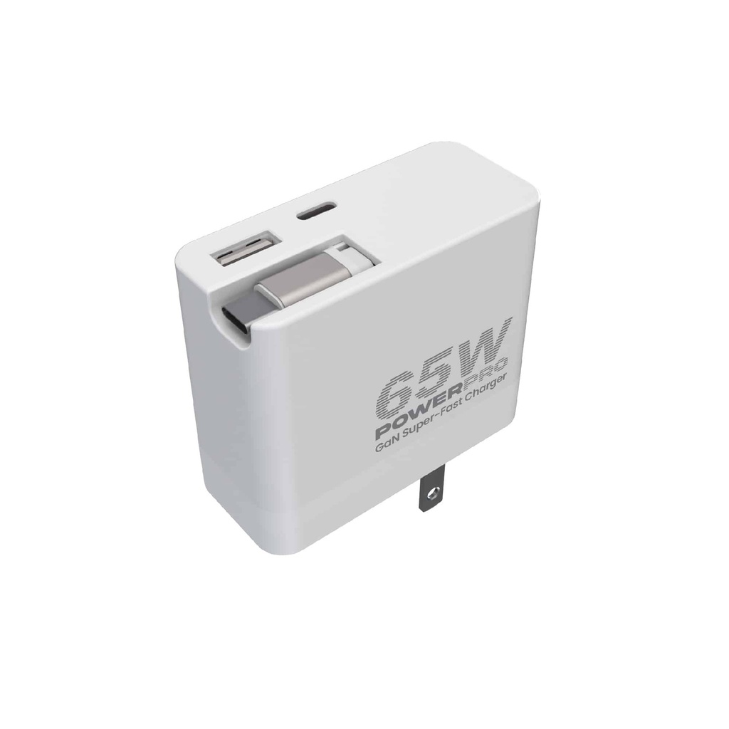 CARGADOR DE PARED DOBLE PUERTO HASTA 65W CON CABLE RETRACTIL UNNO