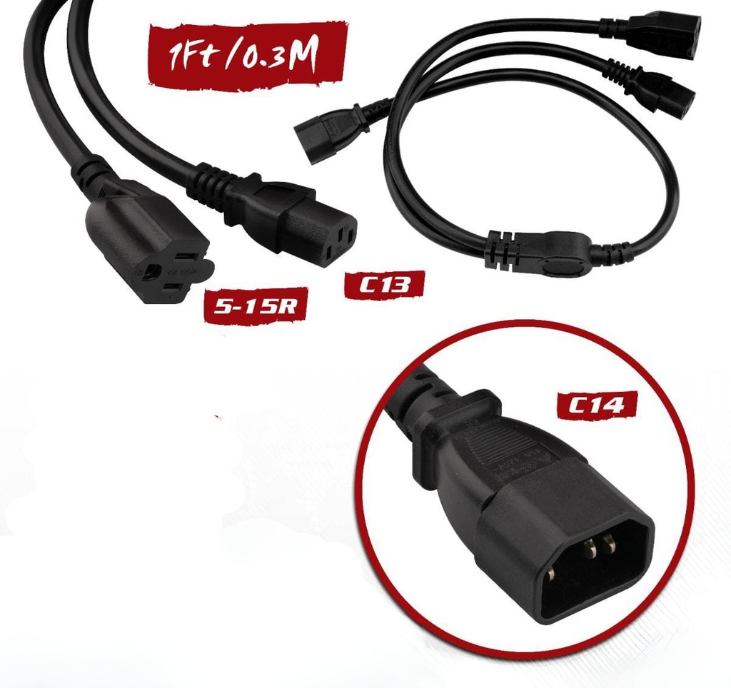 CABLE DE PODER EN Y C14 A NEMA 5-15R Y C13 DE 1 PIE
