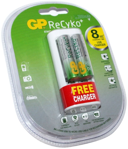 [11263] CARGADOR USB DE BATERIAS AA-AAA GP INCLUYE 2 BATERIAS AA
