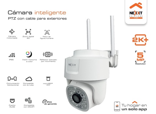 [30020] CAMARA INTELIGENTE WIFI O CABLE PTZ P/EXTERIOR IP65 5MP MIC Y BOCINA NHC-OP10 NEXXT